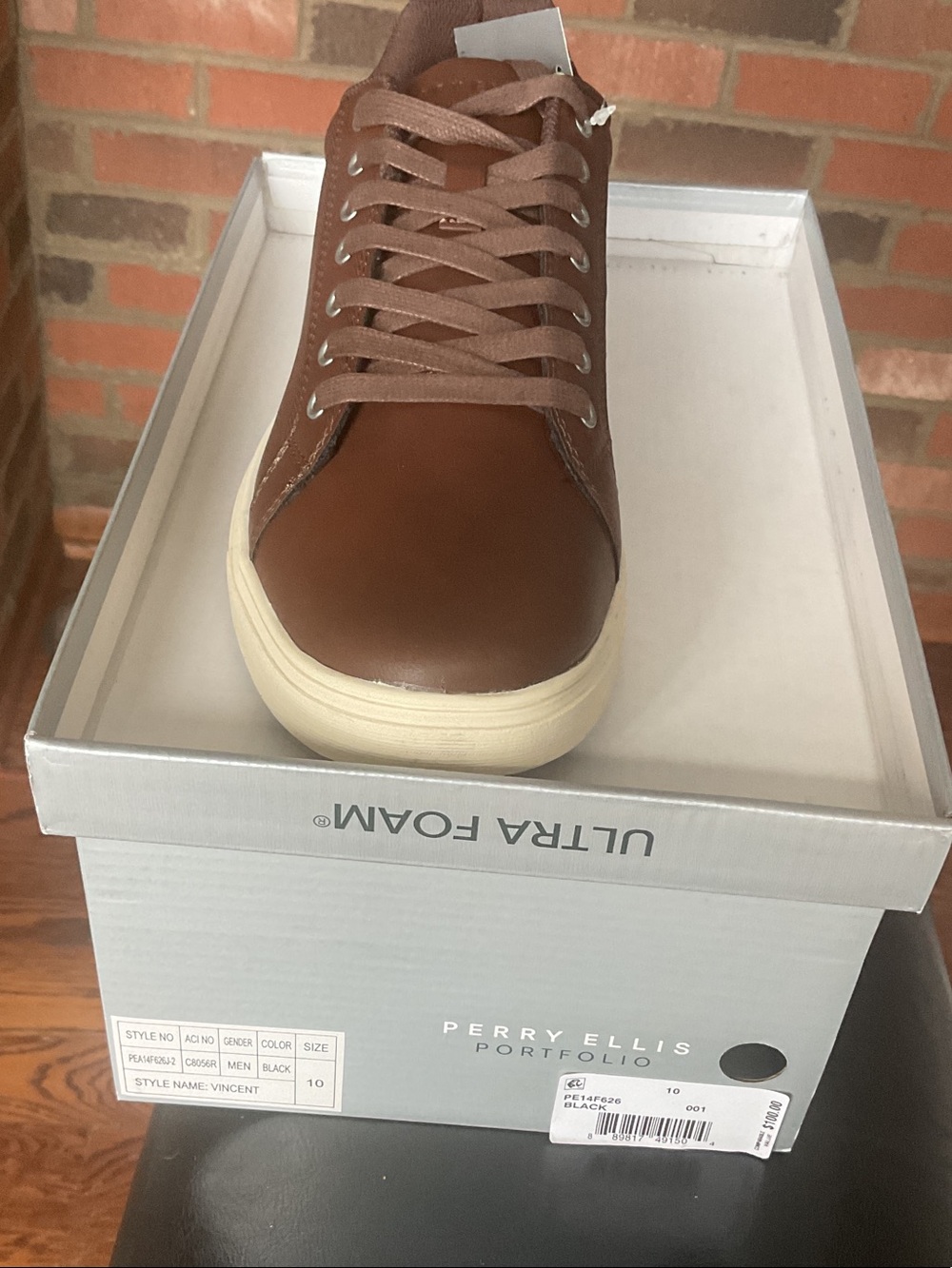 Perry Ellis Brown Leather Low-Top Sneaker with Off-White Solenew men’s Perry ELL - Picture 2 of 4